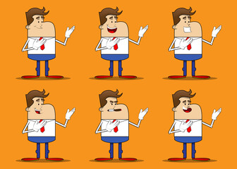 Simple retro cartoon of a businessman showing something with both hands, powerful hand gesture. Professional finance employee white wearing shirt with red tie.