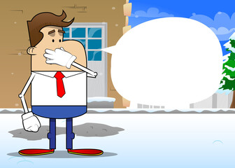 Simple retro cartoon of a businessman holding his nose because of a bad smell. Professional finance employee white wearing shirt with red tie.
