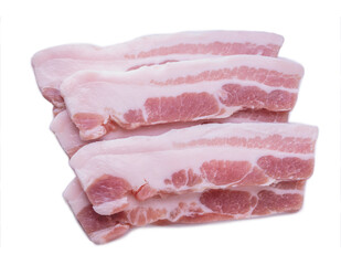Streaky pork, Slide pork belly raw or Raw sliced bacon on white background with clipping path.