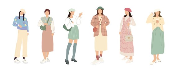 A set of stylish people in fashionable casual outfits with accessories and bags. Young modern women in fashionable spring and summer clothes. Color flat illustration isolated on a white background