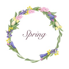 A wreath of fresh garden herbs isolated on a white background. A frame of flowers. Banner with the first spring flowers