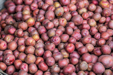 Fresh small red potatoes vegetable on the basket. Red potatoes close-up background.