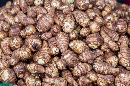 Fresh Taro (Kochur Mukhi) vegetable on the basket. Colocasia corms close-up view.