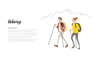 ベクターイラスト素材：登山、ハイキング、トレッキングを楽しむ人物、カップル
