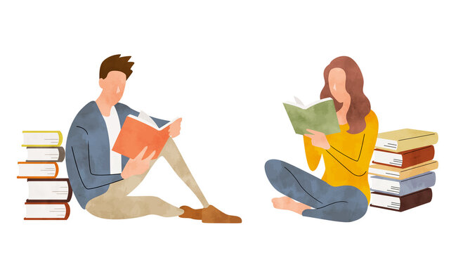 ベクターイラスト素材：読書を楽しむ人物、男女、カップル
