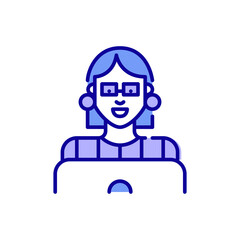 Young woman working at a laptop. Pixel perfect, editable stroke color icon