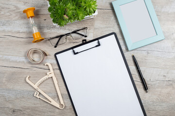 Weight loss plan at a dietitian nutritionist doctor, top view of the desktop