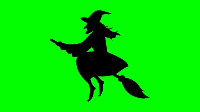 Silhouette of Witch Rides Magic Flying Broomstick Green Screen