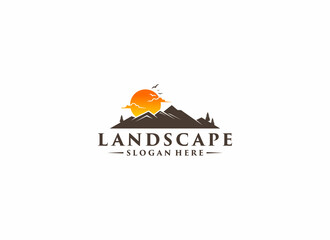 beautiful mountain scenery and sunrise illustration logo
