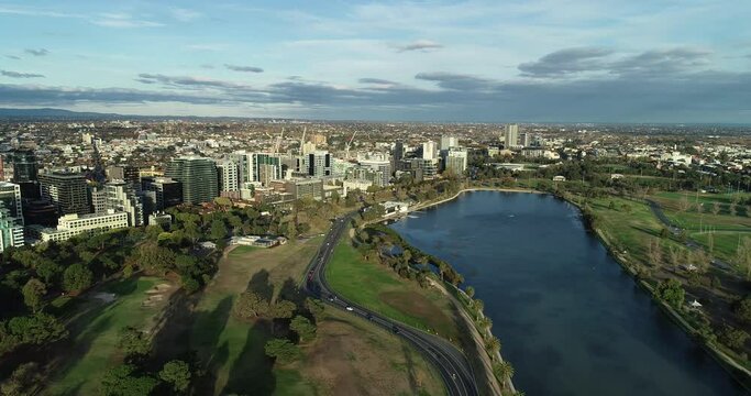 Smooth aerial perspective approach toward St Kilda Road, Melbourne, Australia.