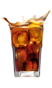 Cold cola in glass with ice cube