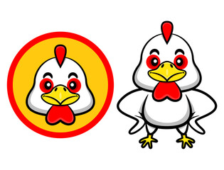 Cartoon illustration of a chicken standing and smiles with chicken head logo inside circles, best for mascot or logo of fast food restaurant for kids
