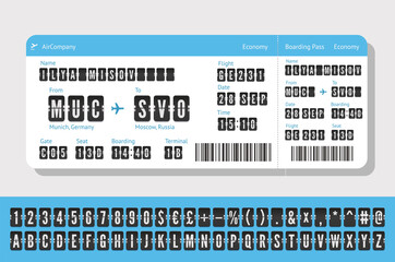 Flight ticket vector illustration with terminal typeface. Isolated airline coupon template with airport board font