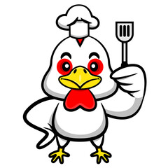 Cartoon illustration of a chicken wearing chef hat and holding a spatula, best for mascot or logo of fast food restaurant for kids