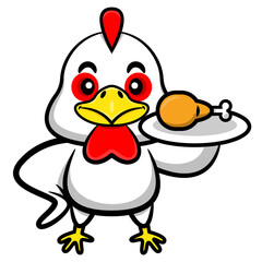 Cartoon illustration of a chicken holding a plate of fried chicken drumstick  , best for mascot or logo of fast food restaurant for kids