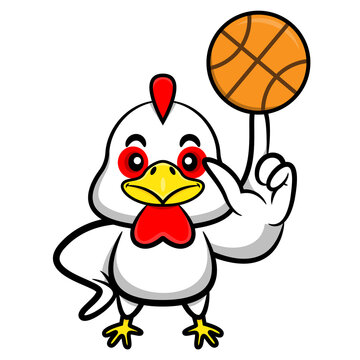 Cartoon illustration of a chicken spinning a basketball, best for mascot or logo of fast food restaurant for kids