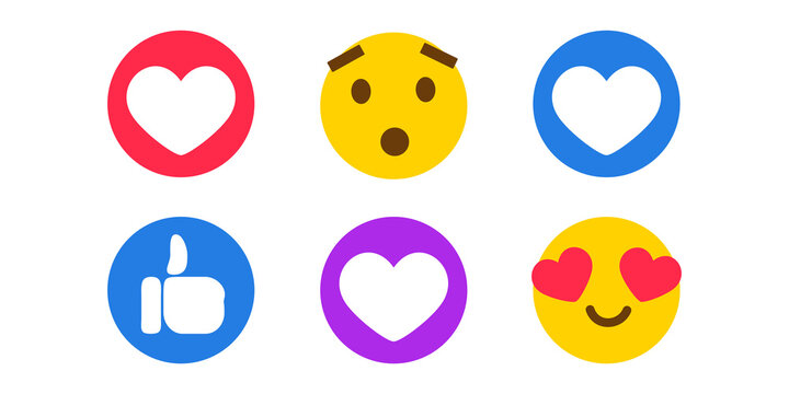 Like, thumb up and frawn face icons. Emoticons for social media reactions. Vector illustration isolated in white background