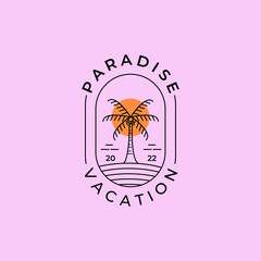 Palm or Coconut Line Art Logo Vector Illustration Design. Vintage Hand Drawn Palm Logo Badge Template Design. Sunset In The Island Logo Concept