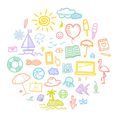 Hand drawn holiday elements. Summer holidays. Freehand signs and symbols