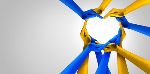 Ukraine And Ukrainian Unity European partnership as heart hands in a group of people connected together shaped as a support symbol expressing the feeling of pride and love for Kyiv