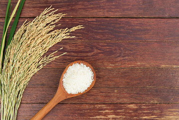 white rice or jasmine rice in a wooden spoon with ears of rice placed on a wooden floor or a...