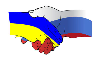 Handshake, hope for peace between Ukraine and Russia. Russian and Ukrainian flags background. Colored vector illustration.

