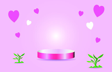 Luxury pink podium on light pink empty room background. tree  and heart-shaped  decorate. Abstract vector rendering 3d shape for advertising products display. Minimal scene studio room.