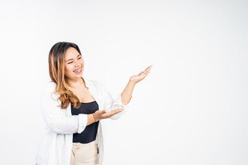 Fototapeta premium beautiful asian woman with hand gesture presenting