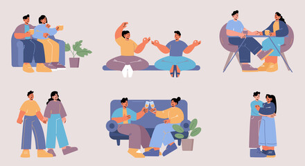 Fototapeta premium Couple romance dating, man and woman in love romantic relations and spare time. People drinking tea or wine at home or cafe, visit yoga classes, walk and hugging holding hands, Line art vector set