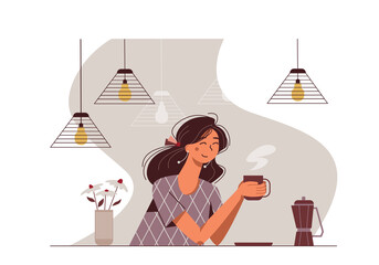 Cute cartoon young woman drinking coffee with a pleasure in a cafe. Vector flat illustration.