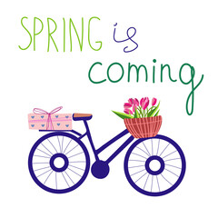 Fototapeta na wymiar The bicycle with tulips and gift, lettering spring