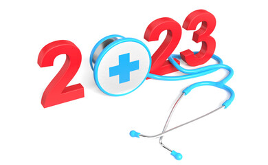 New Year 2023 Creative Design Concept with stethoscope - 3D Rendered Image	
