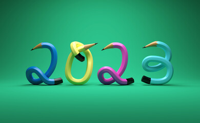 New Year 2023 Creative Design Concept with pencil - 3D Rendered Image	
