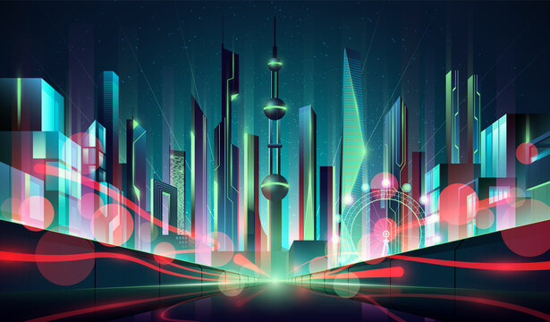 Futuristic night cityscape on a neon skyline background with glowing neon light. Highway perspective view. Cyberpunk and retro wave style, vector illustration.