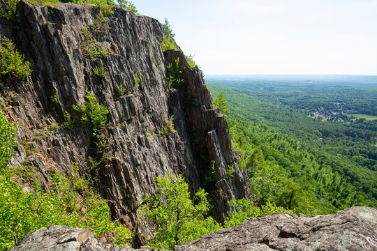 Sheer basalt cliff on Mount Tom in Holyoke, Massachusetts.
