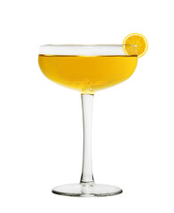 Glass of tasty martini with orange slice isolated on white background