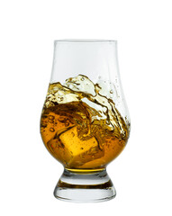 Glass of whiskey with ice isolated on white