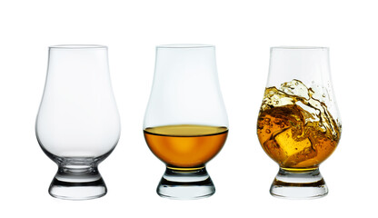 set of whiskey glasses with ice isolated on white
