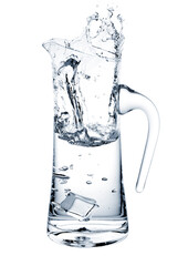 Glass decanter with water and splashes on a white background