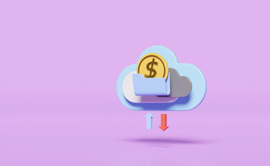 cloud folder with arrow, money coin isolated on purple background. cloud storage download, upload, data transfering, datacenter connection network concept, 3d illustration, 3d render