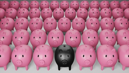 3D rendering of black piggy bank around with pink pig. Business and financial concept.
