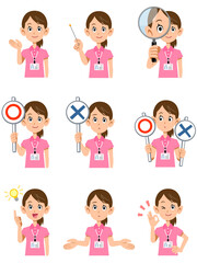 ピンク色の半袖ポロシャツ姿でネームタグを身に着けた女性スタッフの上半身　9種類のポーズと表情2
