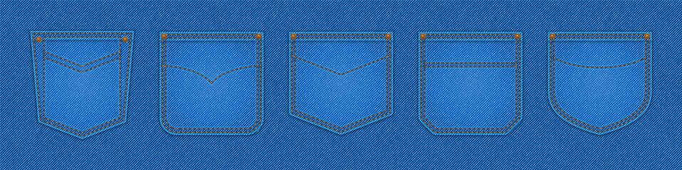 Denim patch pockets, design elements for jeans garment of blue colors with stitches and rivets. Textile background, garment details of different shape and design, Realistic 3d vector illustration, set