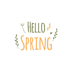 Fototapeta premium Hello, spring, lettering. Banner, spring flowers and plants, leaves. Flower illustration. Pink and white flowers, green leaves, pink inscription