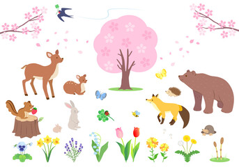 春の森にいる動物たちと植物のイラストセット