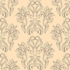Graceful vintage iris flowers on a beige background. Vector illustration in classic style. Seamless damask pattern. Floral illustration for wallpaper, fabric print, packaging.