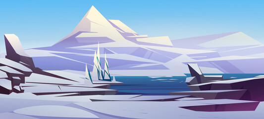 Nordic landscape with white mountains, snow and sea shore. Vector cartoon illustration of northern nature scene with snowy rocks, fir trees, river or lake with ice
