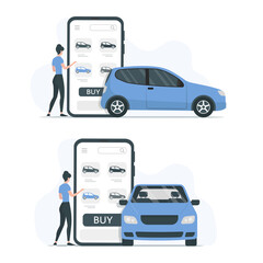 Buying renting a car online. Colored flat vector illustration. Isolated on white background.