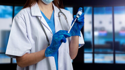 Concept of corona virus treatment, injection, shot and clinical trial during pandemic...