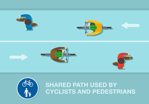 Common traffic or road rules. Top view of a shared path used by pedestrians and cyclists. Traffic or road sign meaning. Flat vector illustration template.